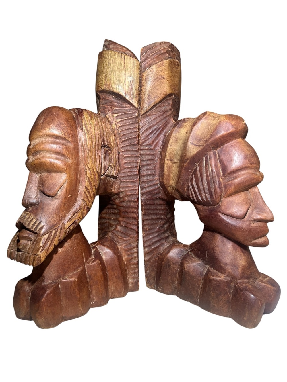 Hand-Carved Brown Wooden Bust Sculpture Bookends Pair - Home Art